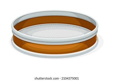 Wooden sieve with metal mesh. Archaeological excavation tool vector illustration