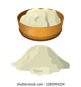 A wooden sieve for sifting flour.  The subject of kitchen utensils. Flour sifter. Baking Ingredients. Healthy organic food. Dough cooking. Vector illustration.