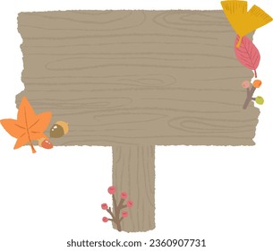 Wooden sign and autumn botanical decoration, textured colored pencil hand drawn illustration