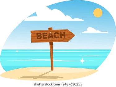 Holzschild mit Strandschild, Holzschild auf Sand. Vektorillustration