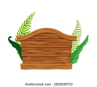 Wooden Sign or Billboard with Green Fern Leaves Behind as Rustic Destination Pointing and Advertisement Vector Illustration