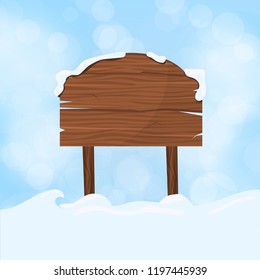 Wooden sign blank board and winter snow with copy space vector illustration. Snowing wood sign banner. Signboard empty holiday winter post. Cold ice nature signpost xmas billboard.