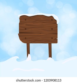 Wooden sign blank board and winter snow with copy space vector illustration. Snowing wood sign banner. Signboard empty holiday winter post. Cold ice nature signpost xmas billboard.