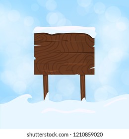 Wooden sign blank board and winter snow with copy space vector illustration. Snowing wood sign banner. Signboard empty holiday winter post. Cold ice nature signpost xmas billboard.