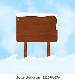Wooden sign blank board and winter snow with copy space vector illustration. Snowing wood sign banner. Signboard empty holiday winter post. Cold ice nature signpost xmas billboard.