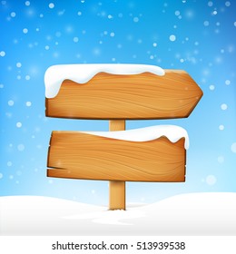 Wooden Sign Blank Board And Winter Snow With Copy Space Vector Illustration Eps 10