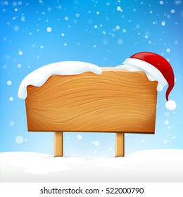 Wooden sign blank board and winter snow falling with copy space and Santa hat vector illustration eps 10