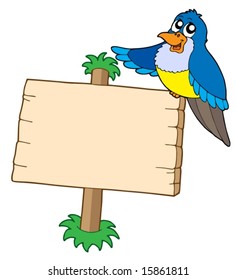 Wooden sign with blue bird - vector illustration.