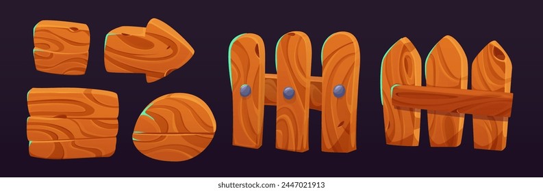 Wooden sign board and fence cartoon farm banner. Wood game signage. Outdoor road direction button element. Blank rustic street billboard isolated set for ranch or country pointing and display plaque