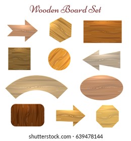 Wooden sign board label set. Eleven various shapes and types of wood sign boards for price, sale stickers, banners etc. Vector illustration.