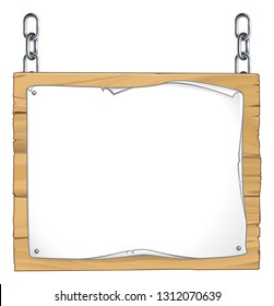 A wooden sign board with a paper scroll hanging from metal chains