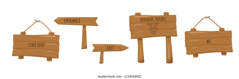 Wooden sign board set with texture in cartoon style. Opening hours, attention, entrance, exit. Vector stock illustration isolated on white background for information post. EPS10