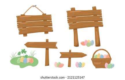 Wooden sign board with texture in cartoon style - invitation for Easter egg hunt. Vector stock illustration isolated on white background for information post. EPS10