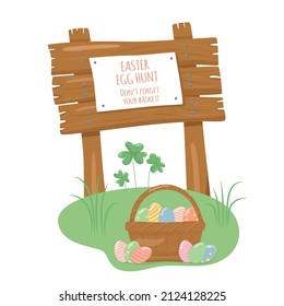 Wooden sign board with texture in cartoon style - invitation for Easter egg hunt. Vector stock illustration isolated on white background for information post. EPS10