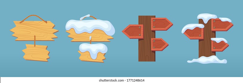 Wooden sign boards blank empty planks or signboards. Summer and winter road sign, pointers for information, advertising. Round, square, arrow shapes empty wooden for message illustration vector