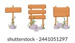 Wooden sign boards. Cartoon rustic wood banners, pathfinding plank billboards, wooden signs flat vector illustrations set. Wood signs collection