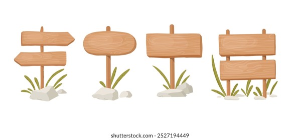 Wooden sign boards. Cartoon rustic wood banners, pathfinding plank billboards, wooden signs flat vector illustrations set. Wood signs collection on white background