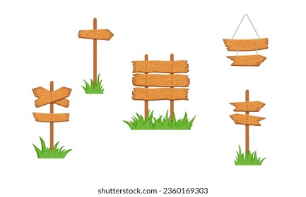 Wooden sign boards in the grass. Sign board on the stick, arrow signpost, showing direction. Old signboards for game. Blank banner hanging on chains. vector illustration.