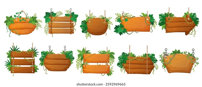 Wooden sign boards with jungle lianas and plants. Set of tropical hanging signboards with monstera leaves and vines. Vector wood beach banners with plants, game level menu panels with green leaves