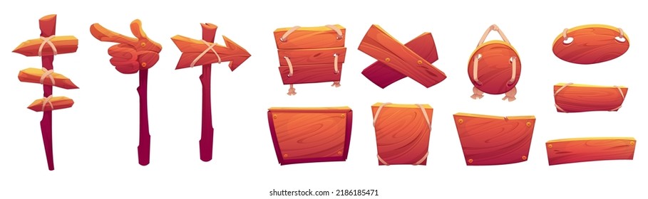 Wooden sign boards, road pointers in shape of arrow and hand. Vector cartoon set of old signboards from wood planks on post with ropes and rivets isolated on white background