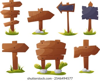 Wooden sign boards set. Realistic wood sign posts on the grass. Blank arrows with wood texture, plywood road pointers and timbers for showing direction, isolated on white. Cartoon vector illustration.