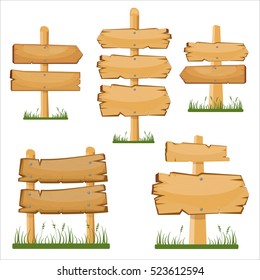 Wooden Sign Boards Set. Vector Cartoon Wooden Sign Board On The Grass