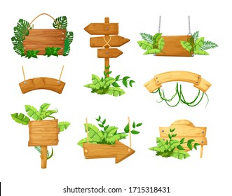 Wooden sign boards with tropical liana branches frames, wooden boards with jungle liana plants for game, gui interface. Blank or empty, retro wooden planks, arrow with chains ropes cartoon vector