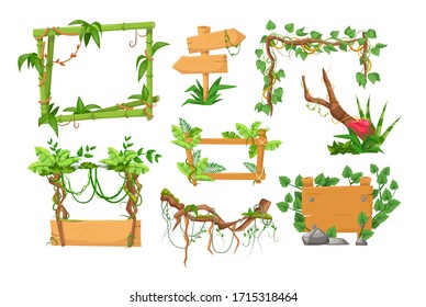 Wooden sign boards with tropical liana branches frames, wooden boards with jungle liana plants for game, gui interface. Blank or empty, retro wooden planks, arrow with chains ropes cartoon vector