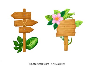 Wooden sign boards with tropical liana branches frames, wooden boards with jungle liana plants and tropical flowers for game. Blank or empty, retro wooden planks, arrow cartoon vector