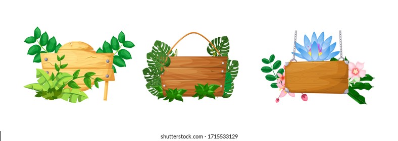 Wooden sign boards with tropical liana branches frames, wooden boards with jungle liana plants for game, gui interface. Blank or empty, retro wooden planks, arrow with chains ropes cartoon vector