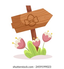 Letrero de madera con un arco rodeado de flores, Ilustración vectorial sobre un fondo liso, concepto de naturaleza. Ilustración vectorial