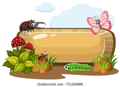 Wooden sign with bugs in garden illustration