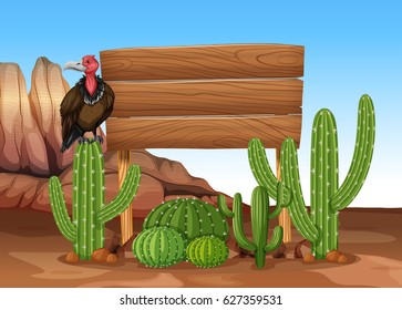 Wooden sign with cactus and vulture