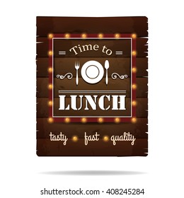 Wooden sign for a cafe in vintage style. Neon lights on the sign. Lunch time. Vector design