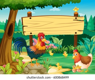 Wooden sign and chickens in park illustration