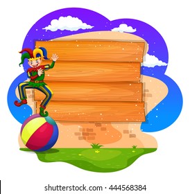 Wooden sign and clown on ball illustration