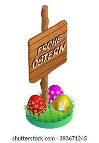 Wooden sign and colorful Easter eggs in the grass,Vector illustration. Isometric view. Translated to german.