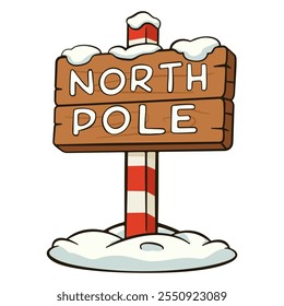 Wooden sign covered in snow with the words North Pole. Cartoon illustration