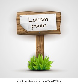 Wooden sign with crumpled paper attached standing on a plank, stucked in juicy grass.  Realistic plank of wood illustration in natural colors and pseudo 3d. Vector illustration.