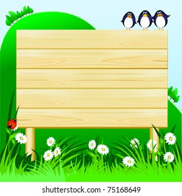 Wooden sign customizable and funny birds, vector image