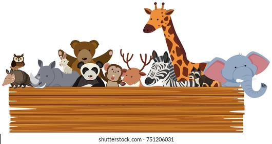 Wooden sign with cute animals in the back illustration