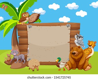 Wooden sign with cute animals in the park illustration