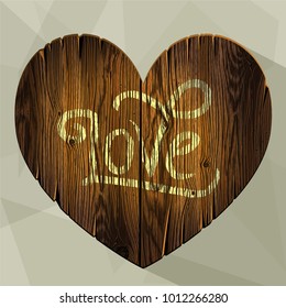Wooden sign. Dark brown wood board in a heart shape. Romantic background. Photorealistic, hand drawn, no tracing. 