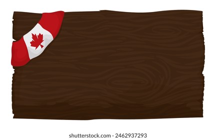 Letrero de madera decorado con la bandera de Canadá en la esquina superior izquierda. Plantilla en estilo de dibujos animados.