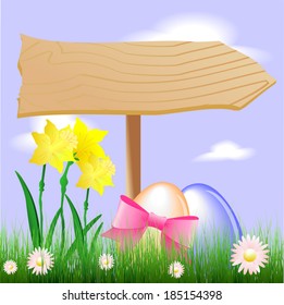 wooden sign with easter eggs and daffodils