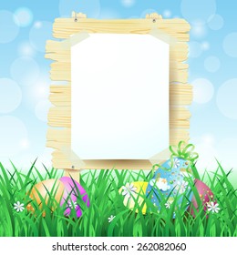 Wooden sign and Easter eggs on spring background, vector eps10