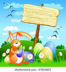 Wooden sign with the Easter theme setting spring, vector