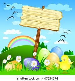 Wooden sign with the Easter theme setting spring, vector