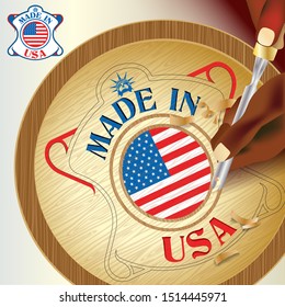 Wooden sign engraved with words "MADE IN USA" and American Flag