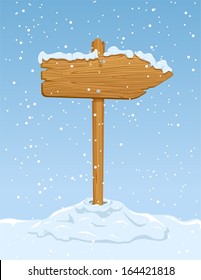 Wooden sign with falling snow on blue sky background, illustration.